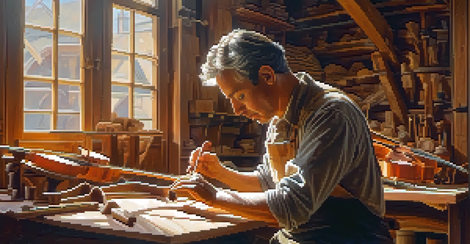 An artisan carving a wooden violin, showcasing the detailed wood grain and tools in a sunlit workshop.