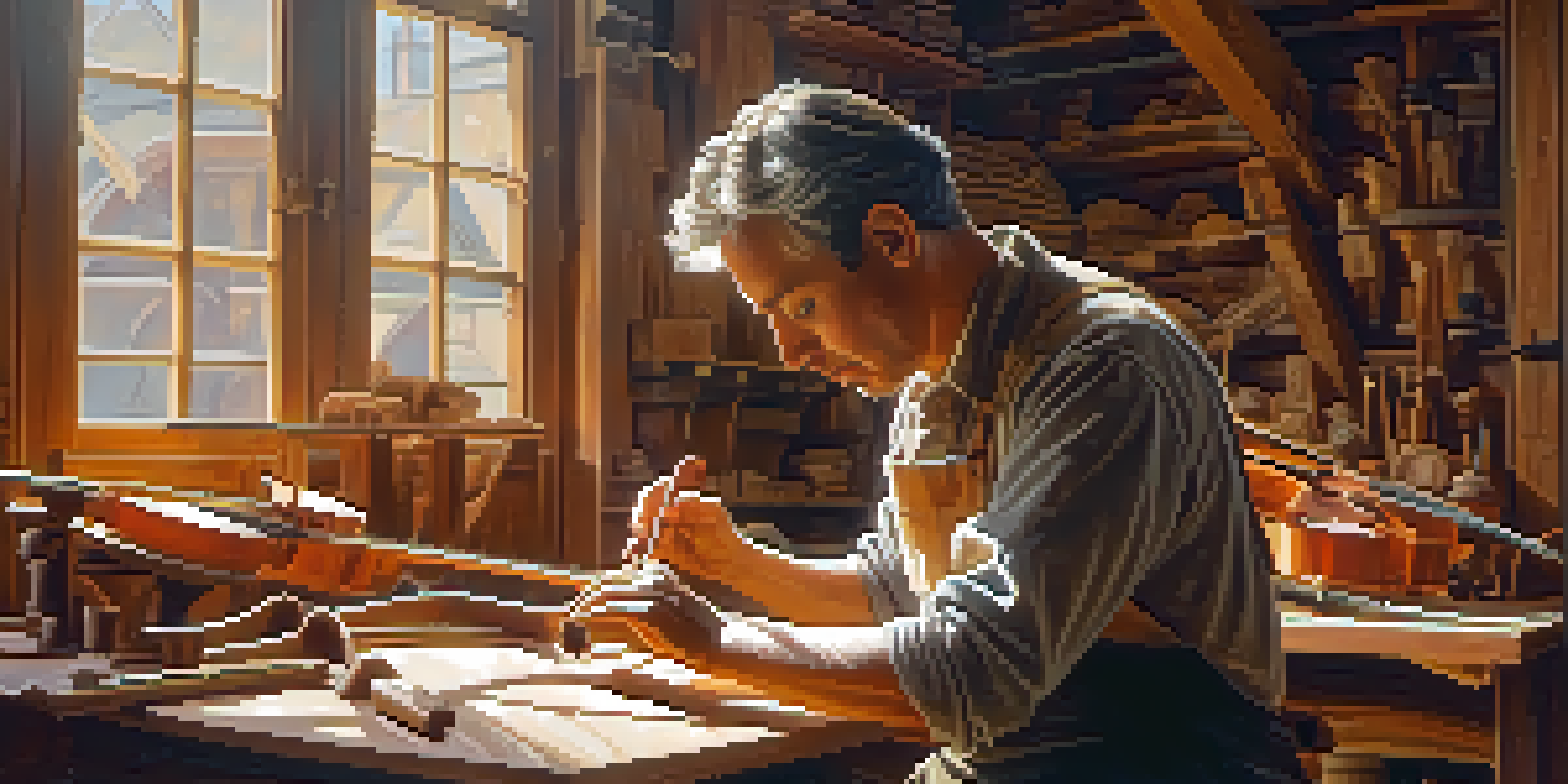 An artisan carving a wooden violin, showcasing the detailed wood grain and tools in a sunlit workshop.