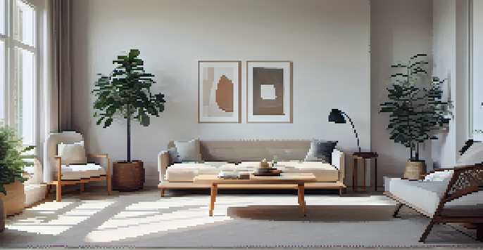 A simple living room with a hand-carved wooden coffee table, white walls, and soft natural lighting.