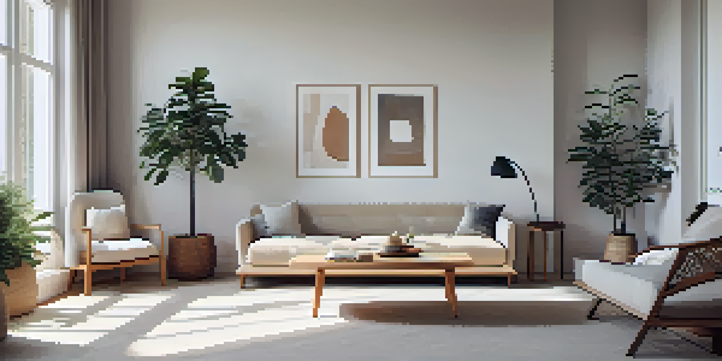 A simple living room with a hand-carved wooden coffee table, white walls, and soft natural lighting.