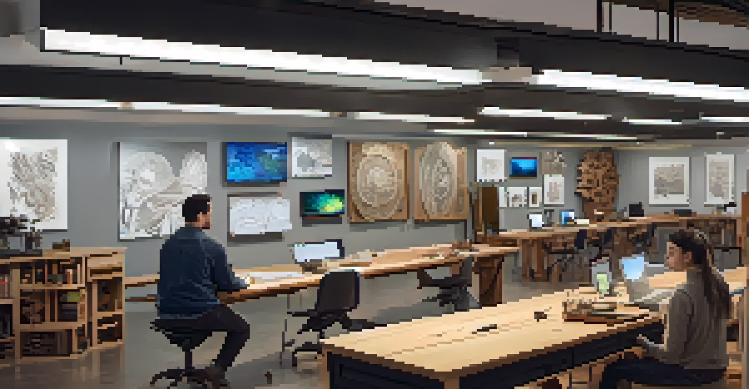 A creative workspace featuring traditional and digital carving artists collaborating, with artwork and tools visible.