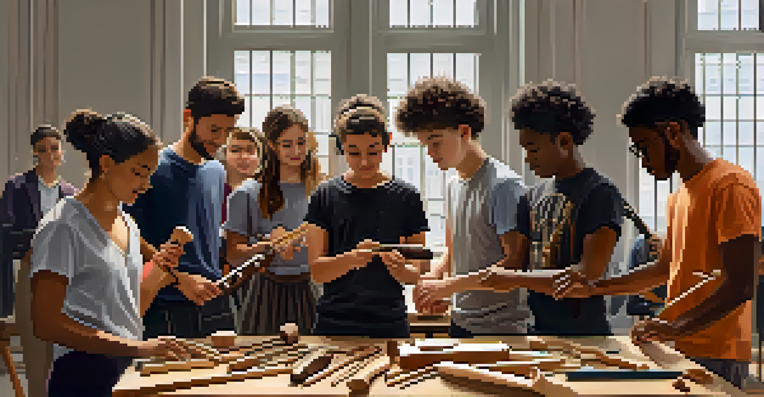 Students participating in a musical instrument carving workshop, using both traditional and modern techniques.
