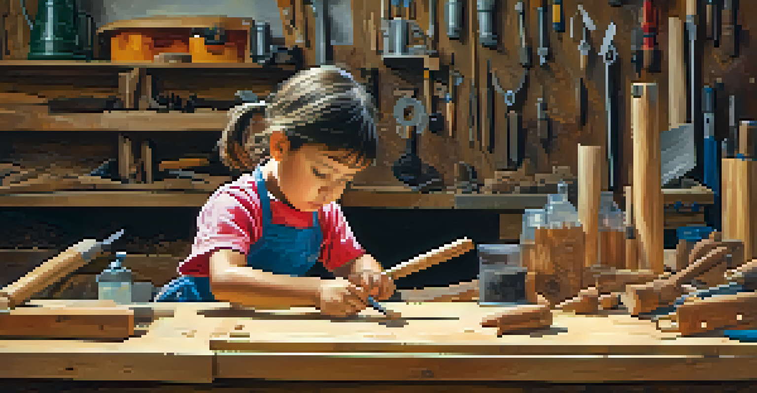 A child practicing wood carving with proper grip and safety gear in a well-organized workspace.