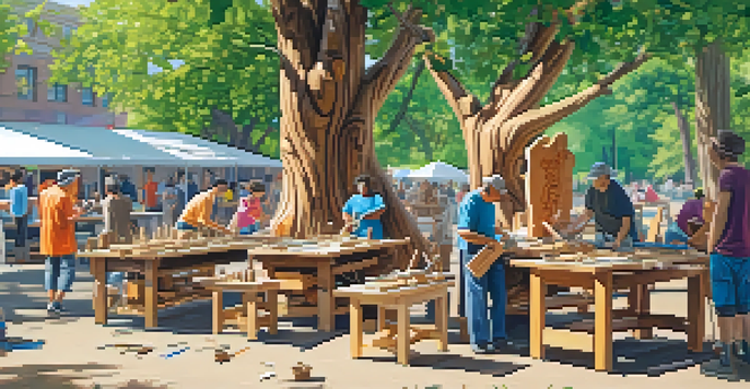A lively outdoor carving workshop with people of different ages and backgrounds working together on wood sculptures in a sunny park.