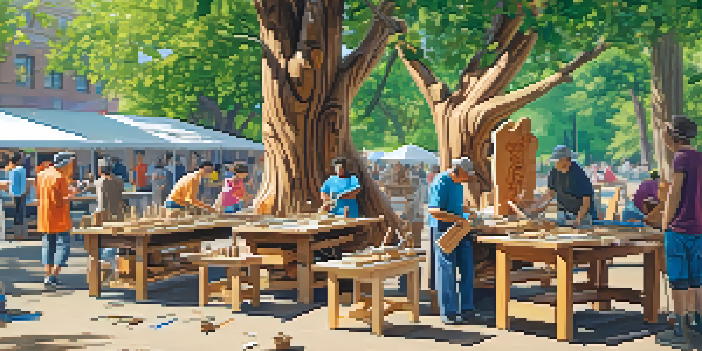A lively outdoor carving workshop with people of different ages and backgrounds working together on wood sculptures in a sunny park.