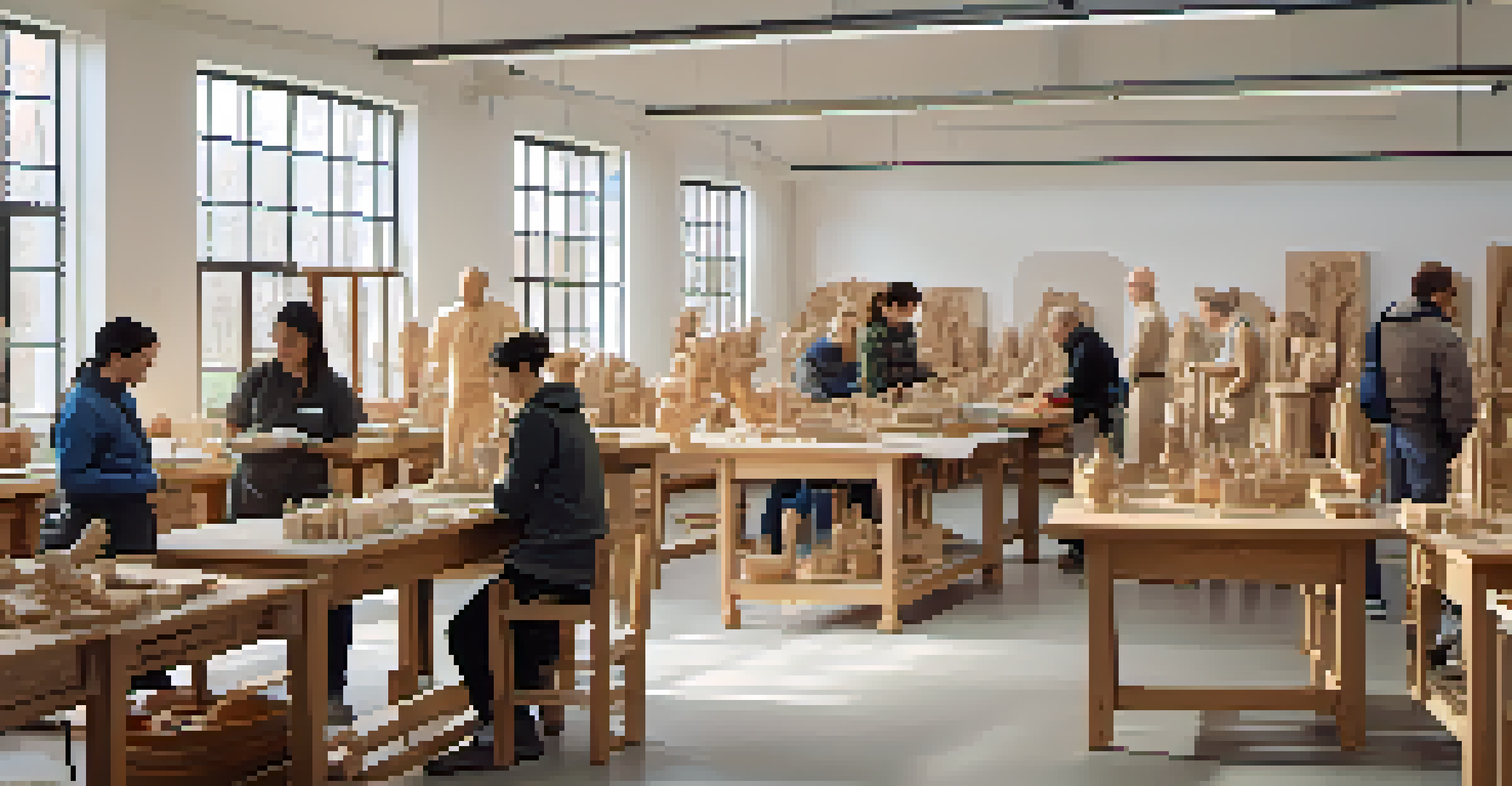 A wood carving class with students watching an instructor, surrounded by tools and wooden sculptures.