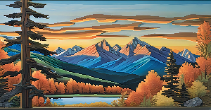 A detailed close-up of a wooden landscape carving with mountains and a sunset, highlighting intricate textures and vibrant colors.