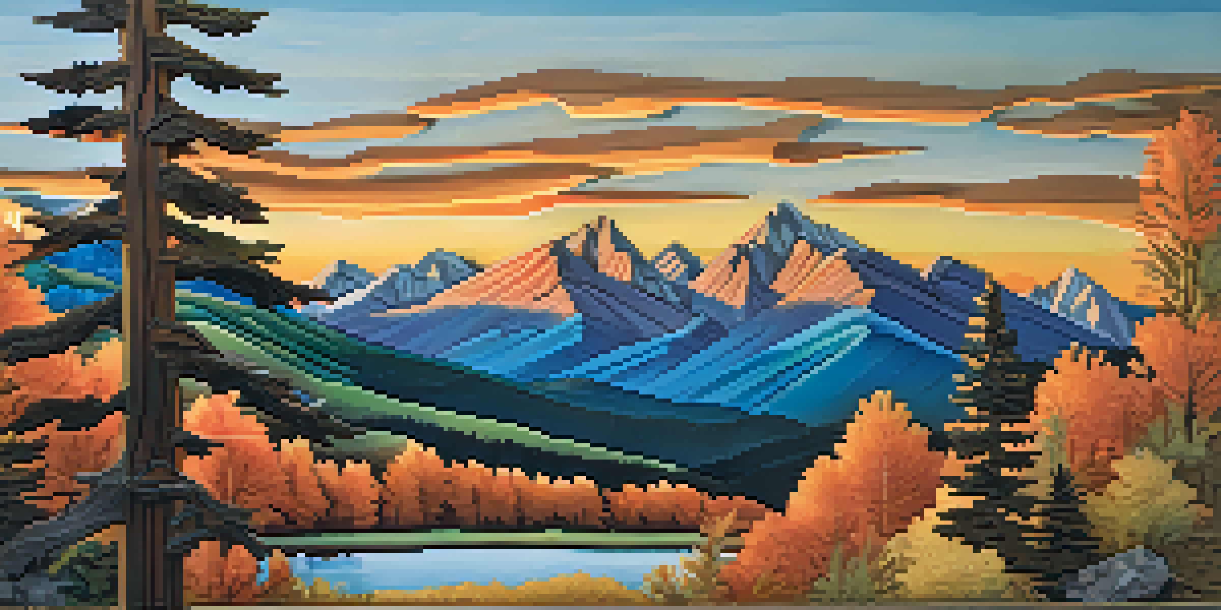 A detailed close-up of a wooden landscape carving with mountains and a sunset, highlighting intricate textures and vibrant colors.