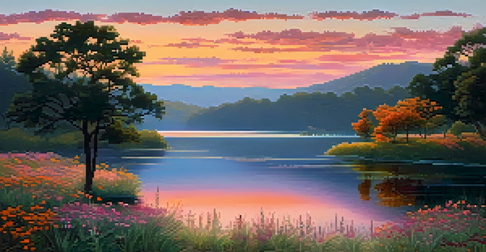 A beautiful sunrise over a calm lake surrounded by blooming wildflowers and a lone tree, reflecting vibrant colors in the water.