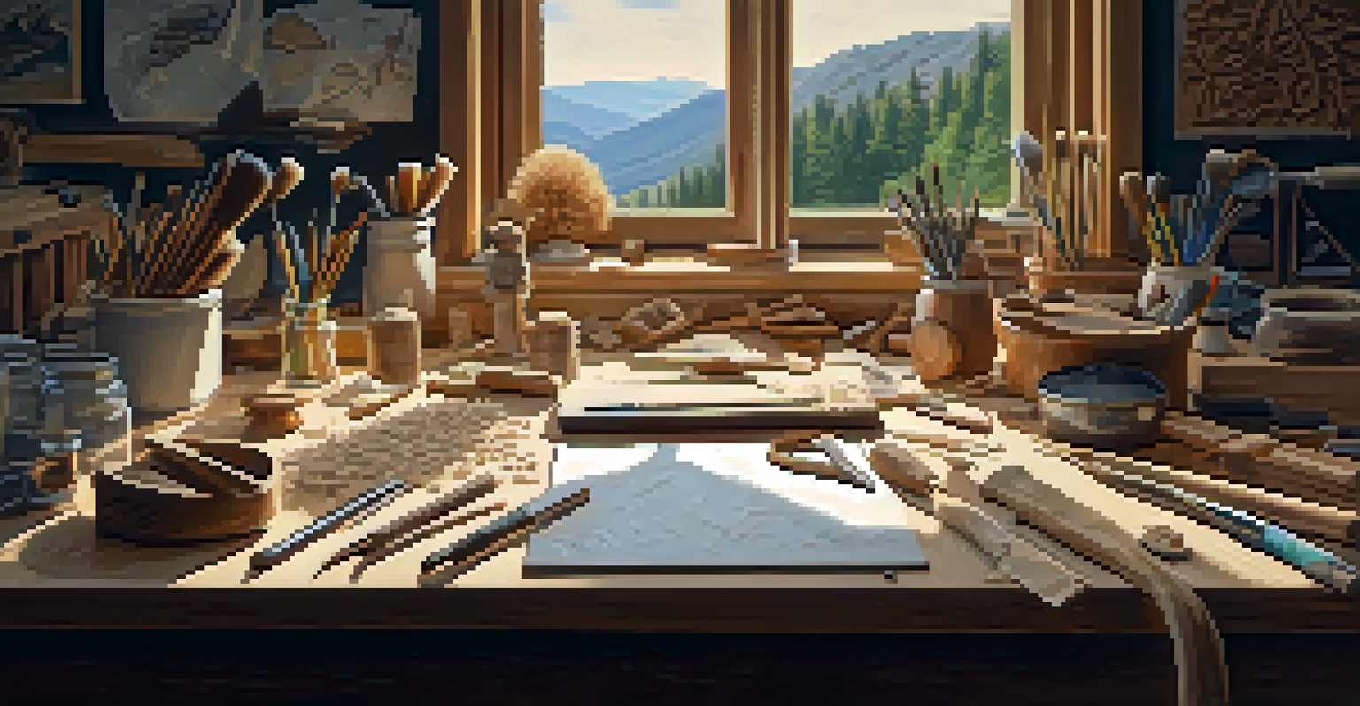 An artist's workspace with carving tools and wood shavings, displaying a half-finished landscape relief carving in warm lighting.