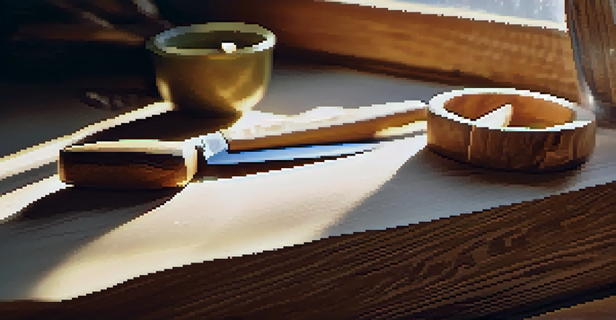 A close-up view of a wood carving workspace with a block of wood and a whittling knife, illuminated by sunlight, showcasing wood shavings around it.