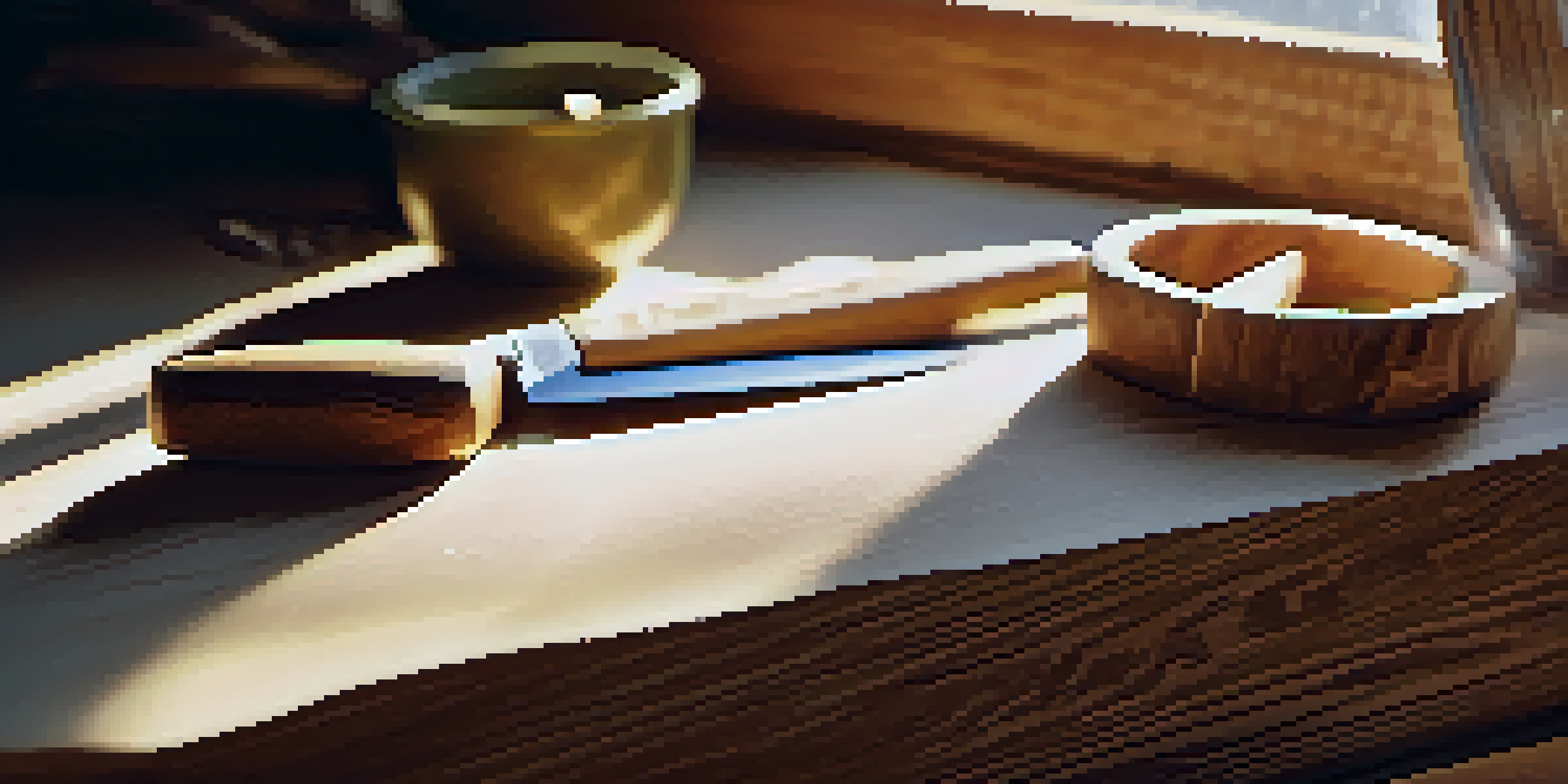 A close-up view of a wood carving workspace with a block of wood and a whittling knife, illuminated by sunlight, showcasing wood shavings around it.