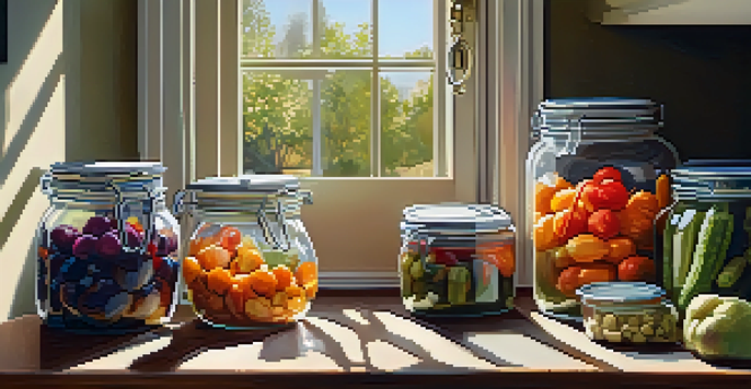A kitchen countertop displaying pickled vegetables in jars and frozen fruits in bags, with warm lighting and wooden textures.