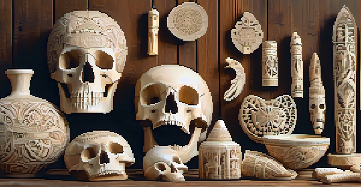A collection of various bone carvings showcasing cultural symbols and designs, displayed on a rustic wooden background with soft natural light.