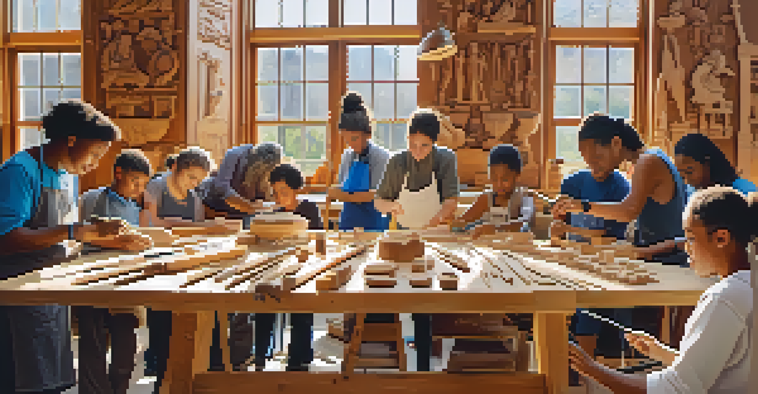 A lively community workshop with diverse individuals working together on a wood carving project under bright sunlight.