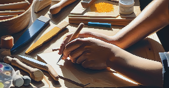 A young artisan engaged in wood carving, focusing on a piece of basswood, with colorful carving tools on a well-lit workbench.