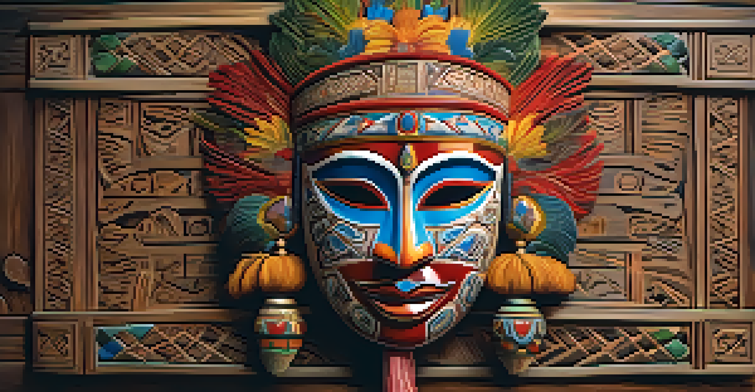 A detailed close-up of a carved ceremonial mask with intricate designs, displayed against a rustic background with carving tools nearby.