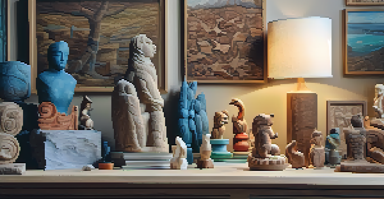 An artist's workspace filled with colorful carved sculptures and inspirational art in the background.