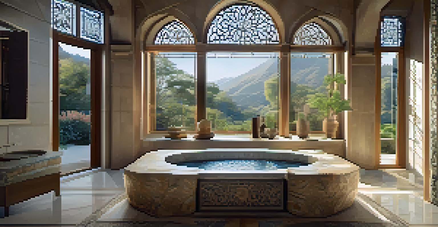 A luxurious bathroom with a carved stone sink and intricate stone tiles, bathed in natural light for a serene ambiance.