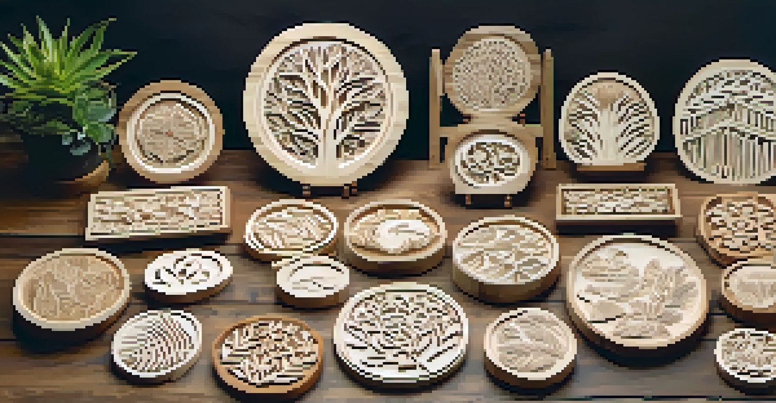 A rustic table displaying a collection of finished chip carvings with nature-inspired designs, under soft lighting with a potted plant in the corner.