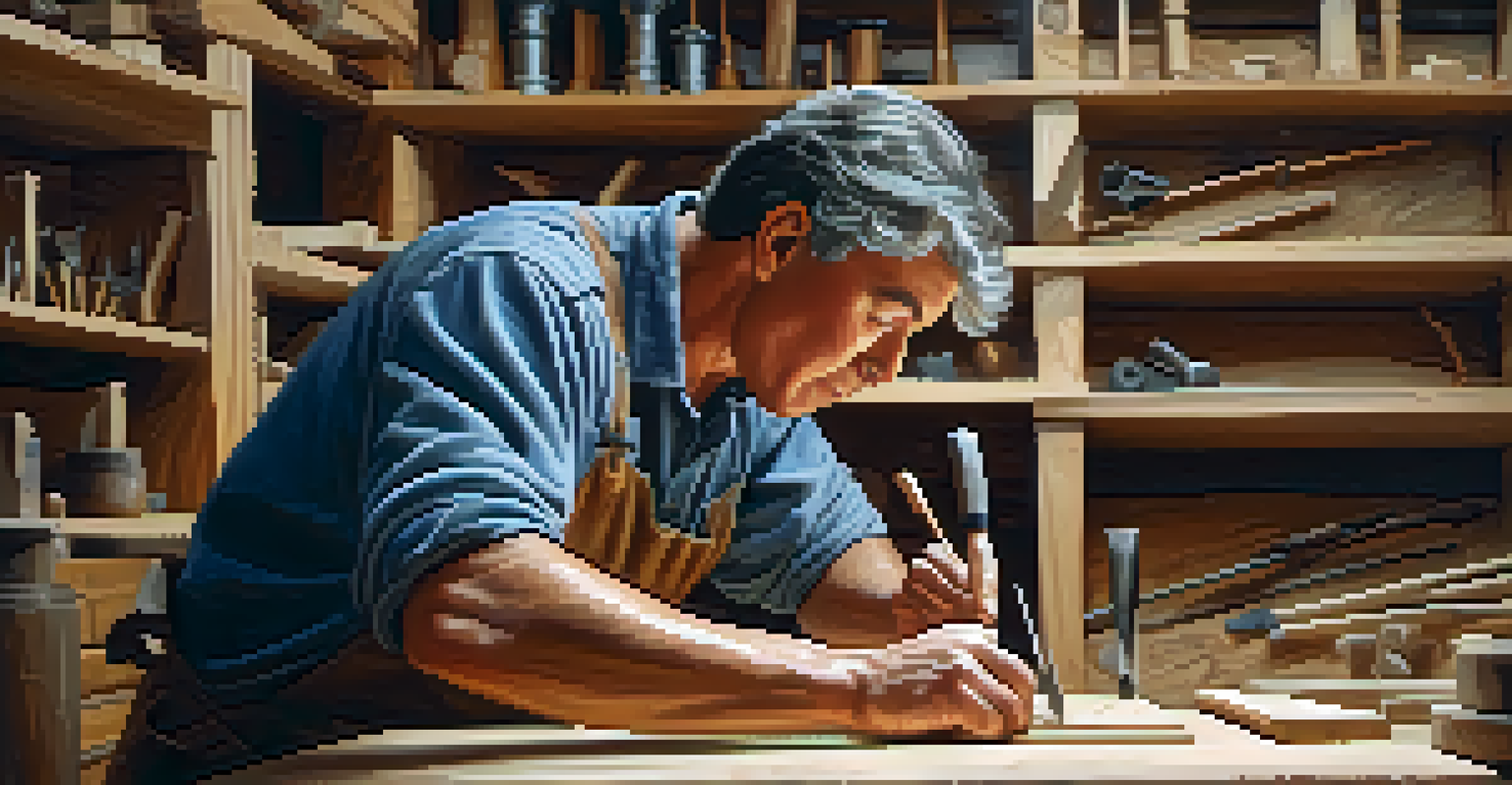 Artist's hands carving wood with a chisel and hammer, shavings flying in a well-lit workshop.