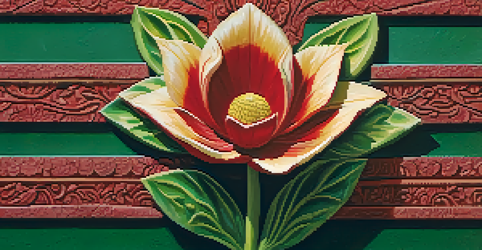 A colorful stone carving of a flower in red and yellow, set against a textured green background, emphasizing depth and detail.