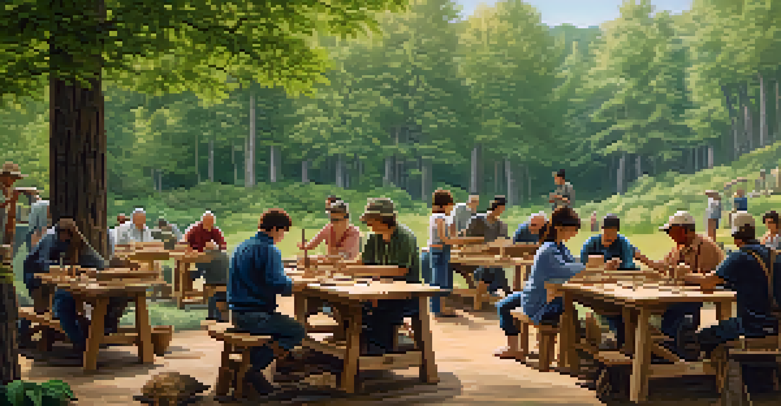 A group of people participating in a wood carving workshop outdoors, surrounded by trees and nature.