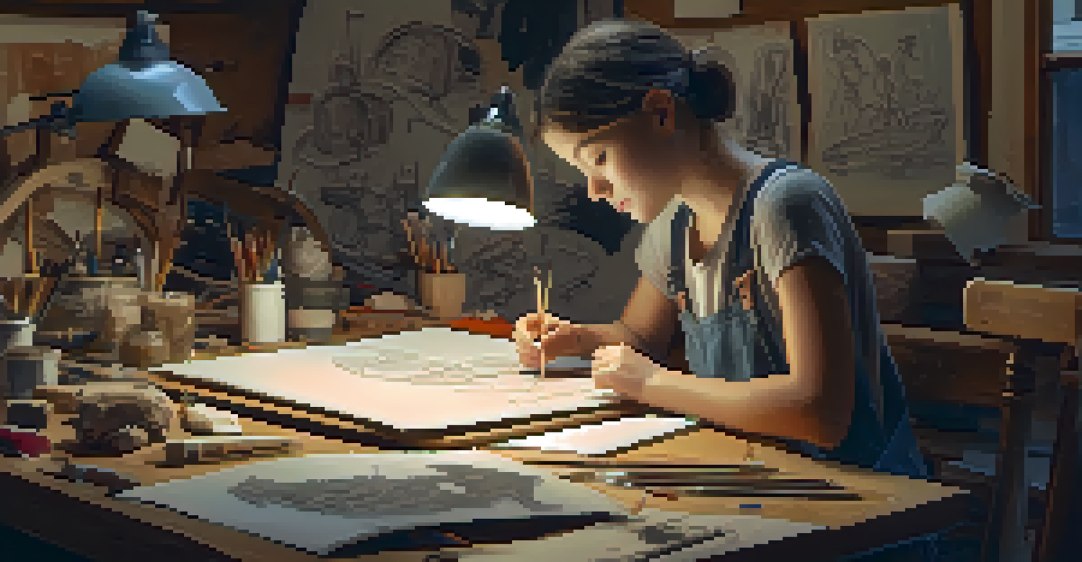 A young artist sketching designs at a wooden table cluttered with tools and sketches, illuminated by soft warm lighting.
