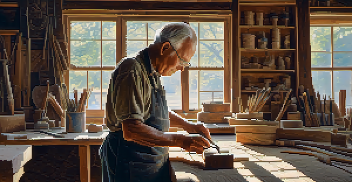 An elderly artisan in a sunny workshop, carving intricate patterns into aged wood with tools around.
