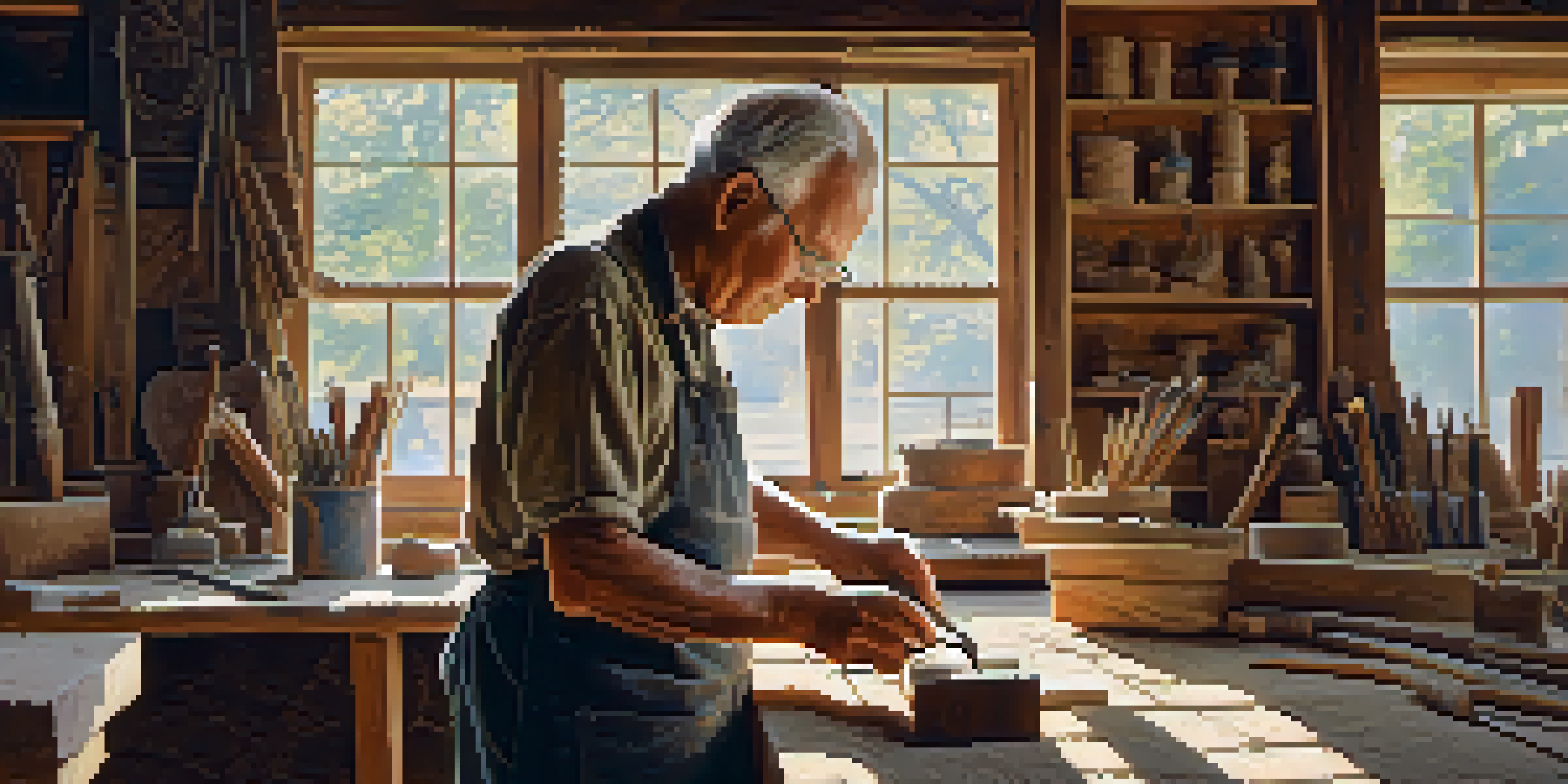 An elderly artisan in a sunny workshop, carving intricate patterns into aged wood with tools around.