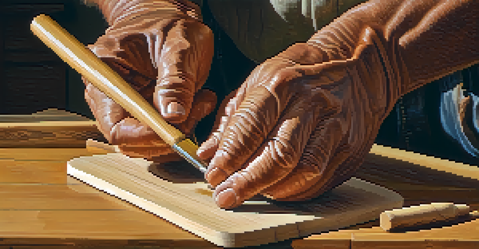 Close-up of a craftsman's hands carving a wooden figure, highlighting the detailed wood grain and the artisan's focused expression.