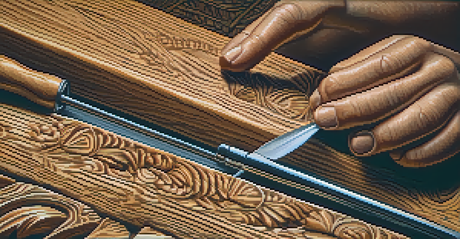 Close-up of hands carving detailed patterns into wood, showcasing tools and wood texture with warm lighting.