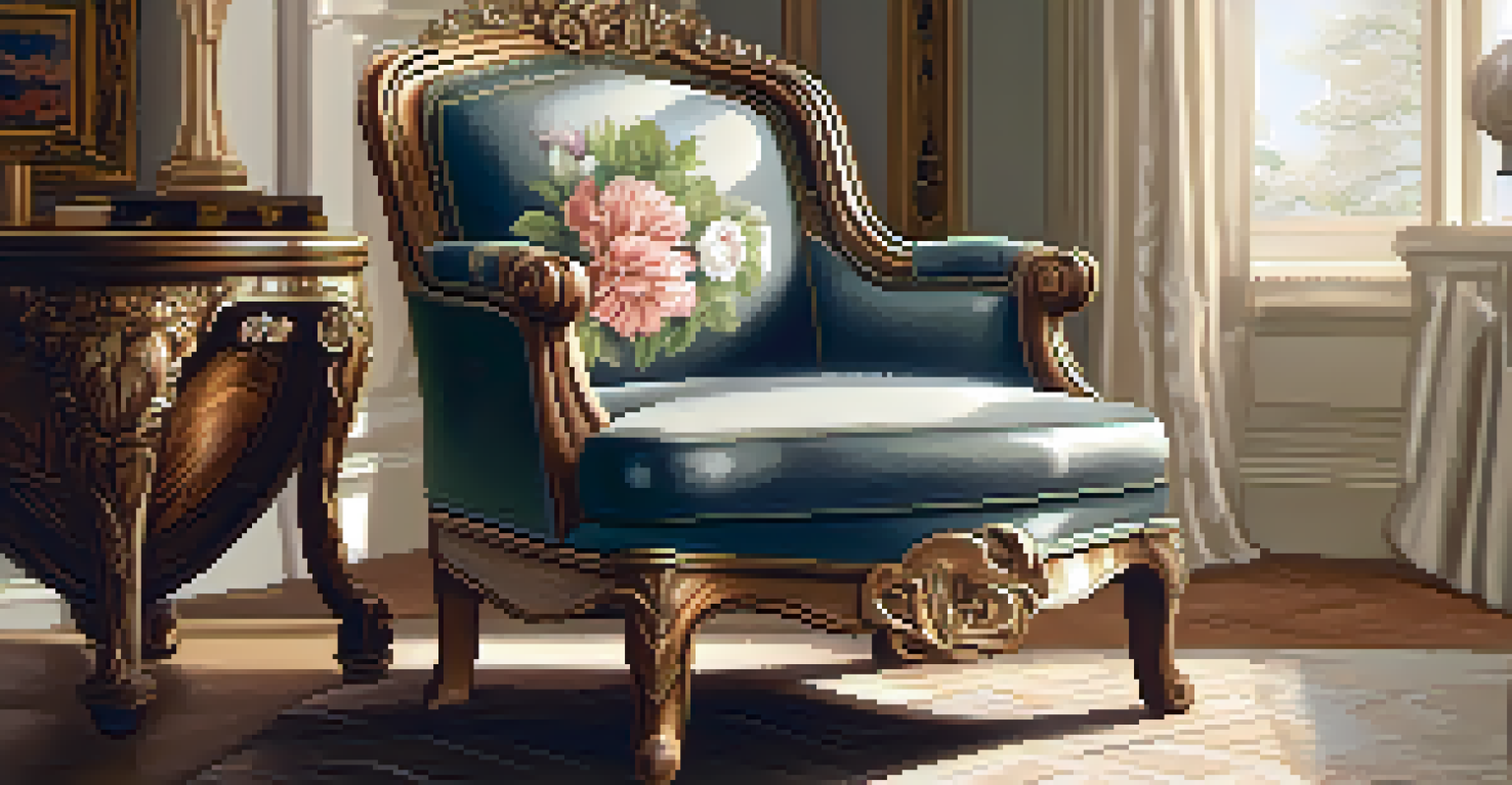 Victorian chair with detailed leaf and flower carvings, set in a softly lit room.