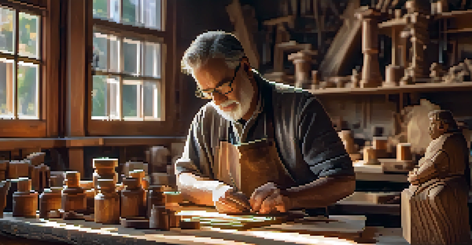 An artisan focused on carving a wooden statue in a sunlit workshop filled with carving tools and wooden shavings.