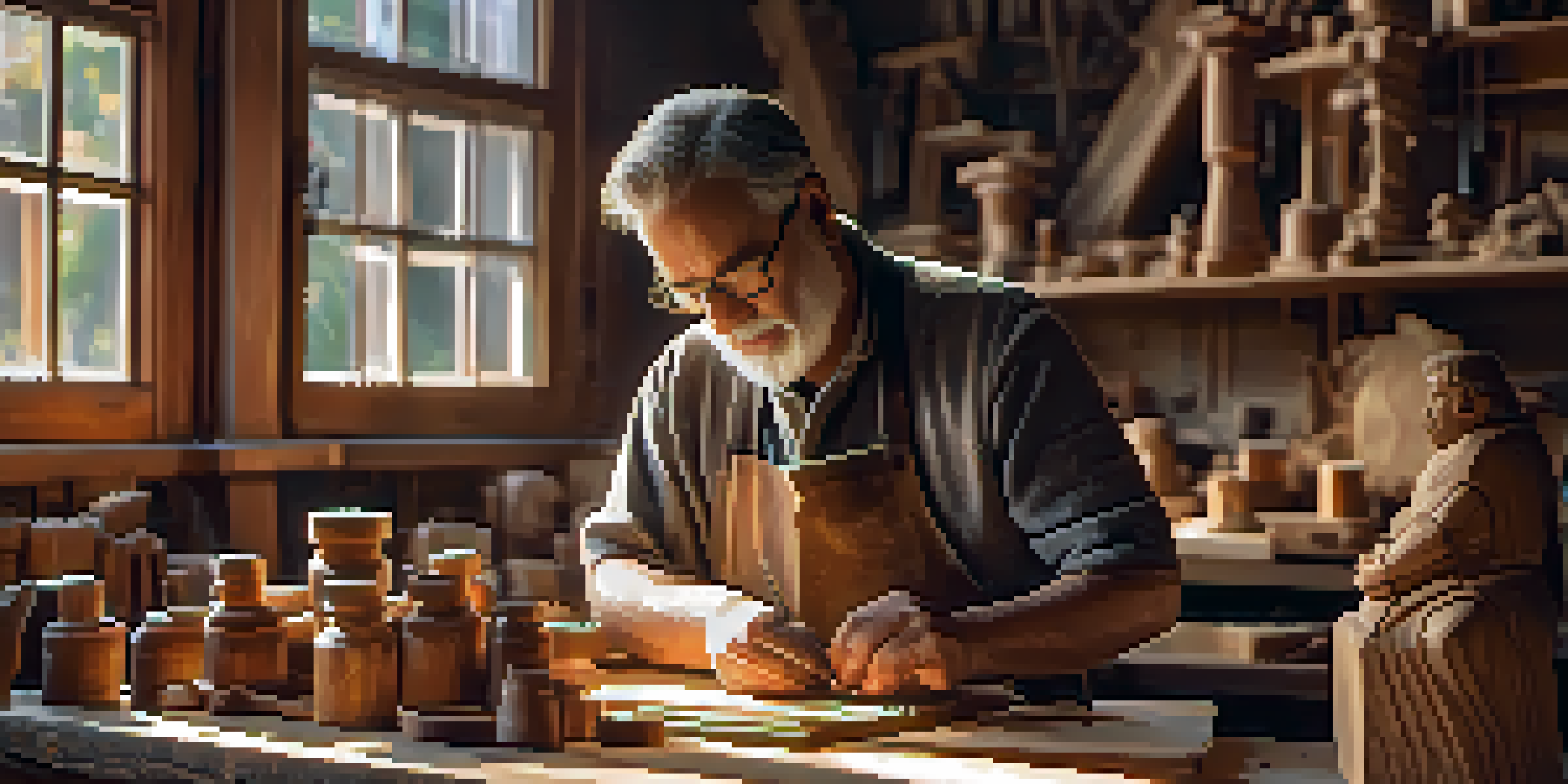 An artisan focused on carving a wooden statue in a sunlit workshop filled with carving tools and wooden shavings.