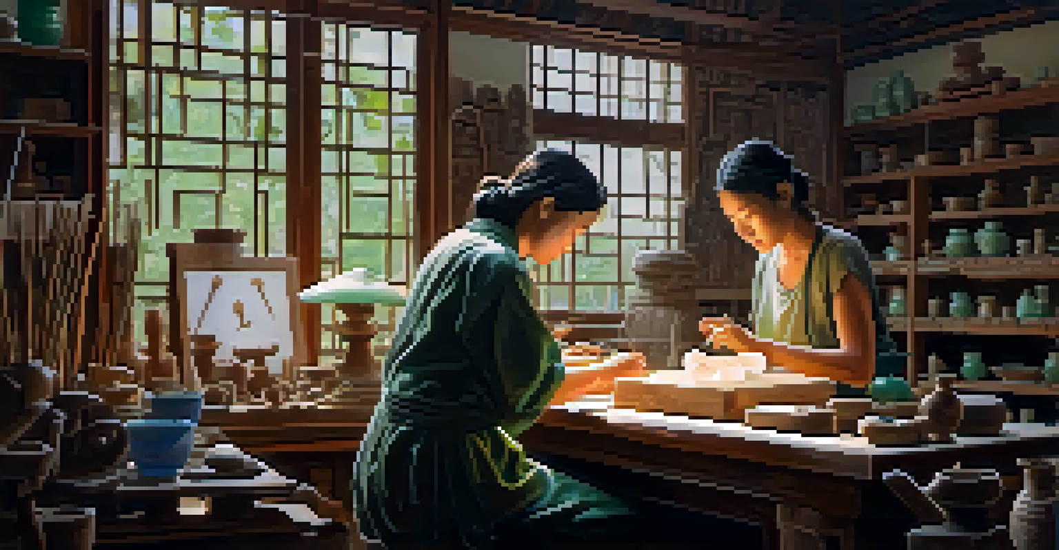 An artisan carving a jade sculpture in a workshop filled with tools, showcasing the translucent jade and intricate details.