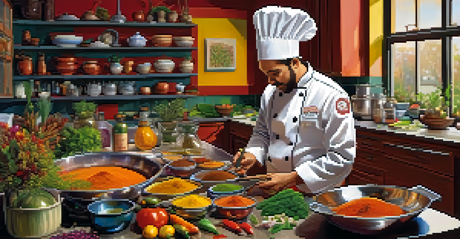 A chef in a modern kitchen preparing a fusion dish with colorful ingredients from different cuisines.
