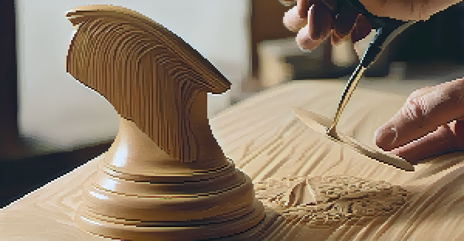 Close-up of a detail sander sanding a wooden figurine, with dust particles in the air.