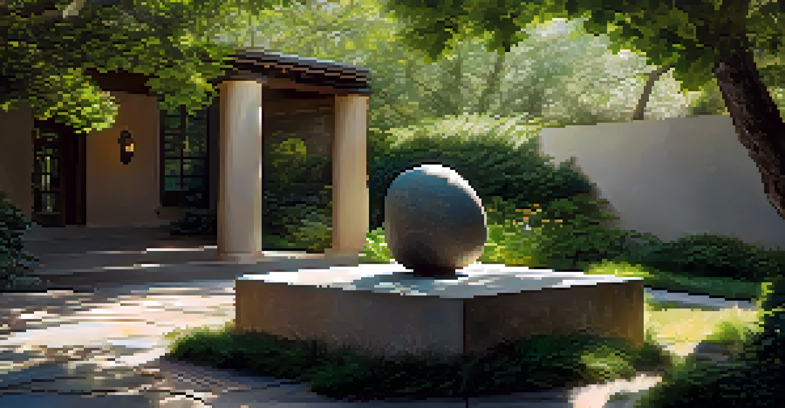 A stone sculpture set in a lush garden, with sunlight filtering through the leaves, creating shadows on the stone surface.
