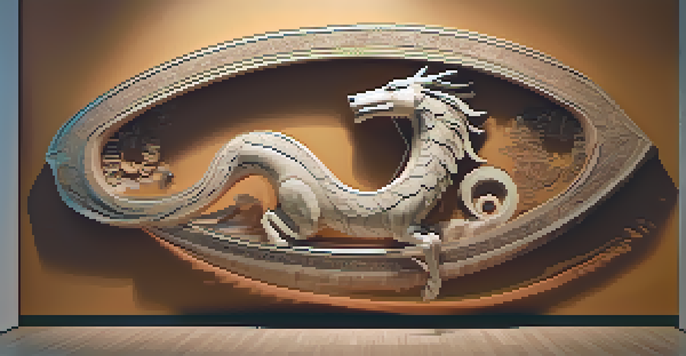 A wooden sculpture of a mythical creature with animated digital designs surrounding it in a modern art gallery.