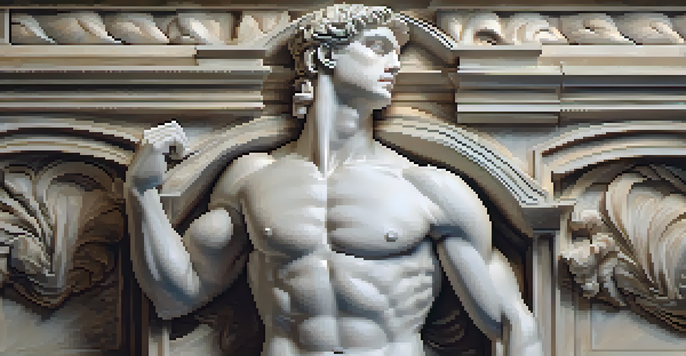 A close-up of a marble Renaissance carving of a muscular male figure in a dramatic pose, with intricate details and soft lighting.