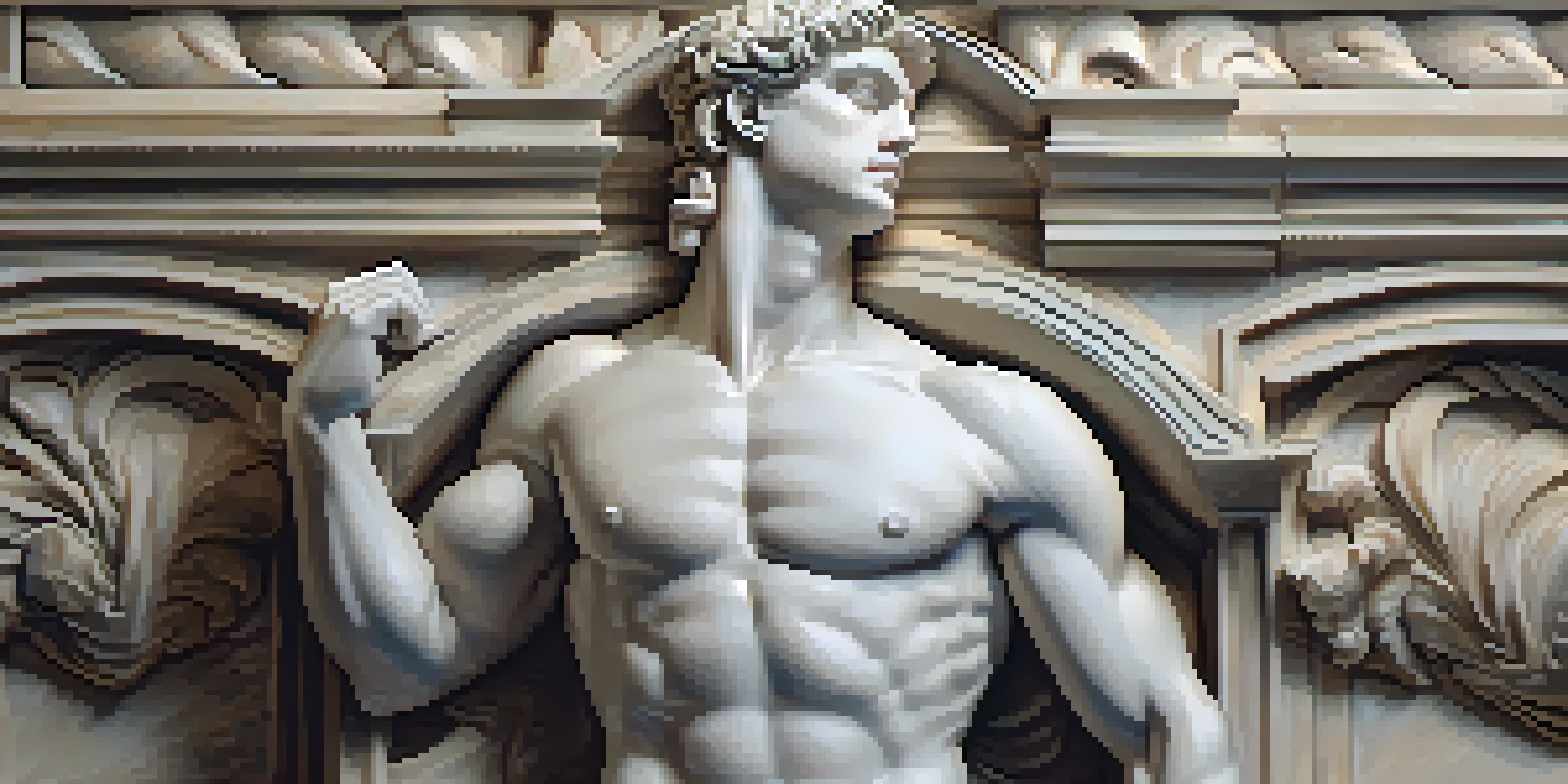 A close-up of a marble Renaissance carving of a muscular male figure in a dramatic pose, with intricate details and soft lighting.