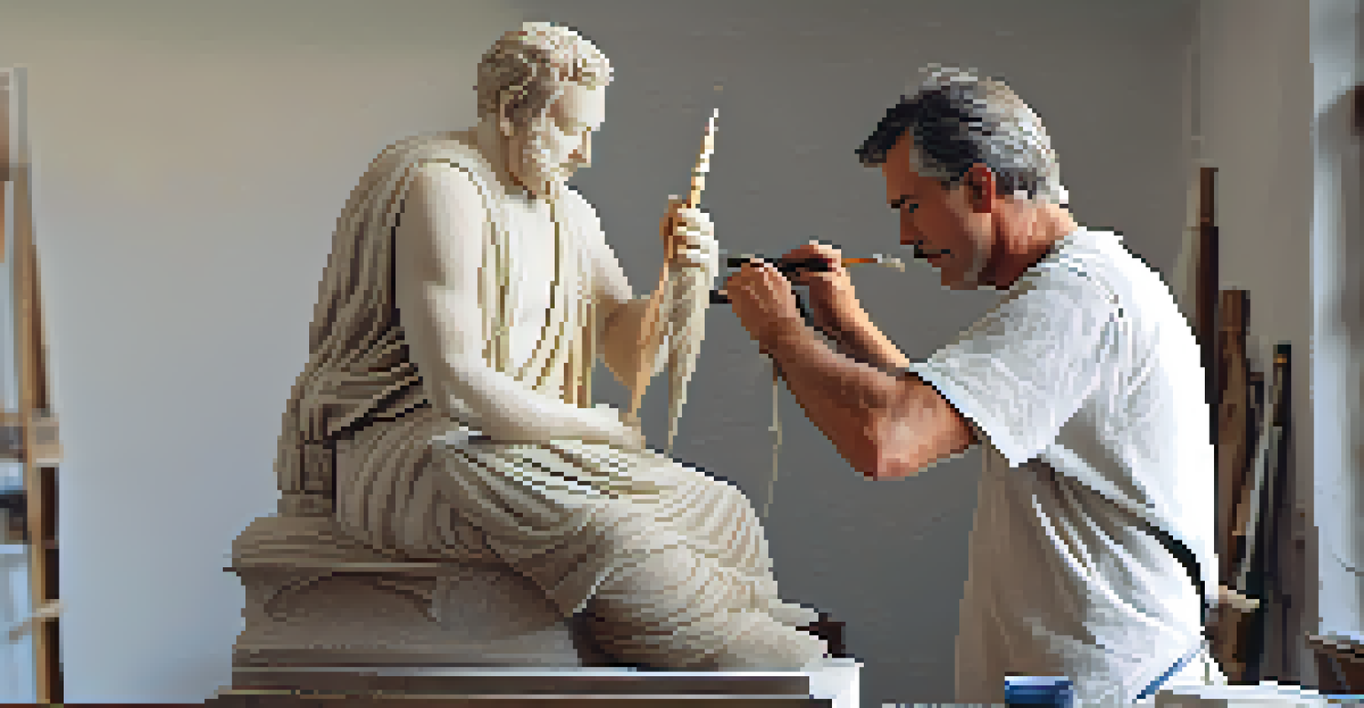 An artist carving a stone statue using traditional tools in a bright studio.