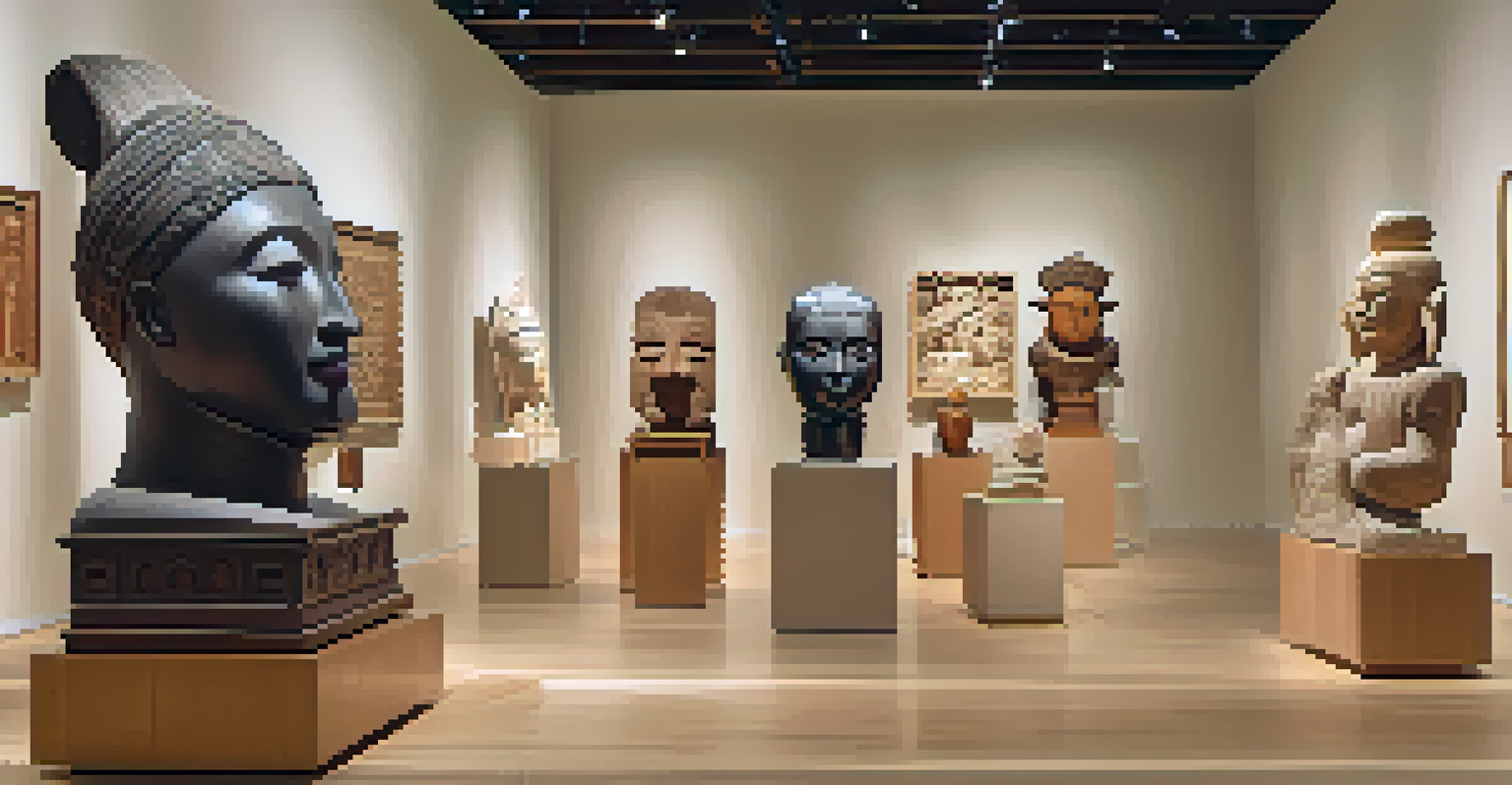 A gallery exhibition displaying various carved wooden masks and stone sculptures on pedestals under soft lighting.