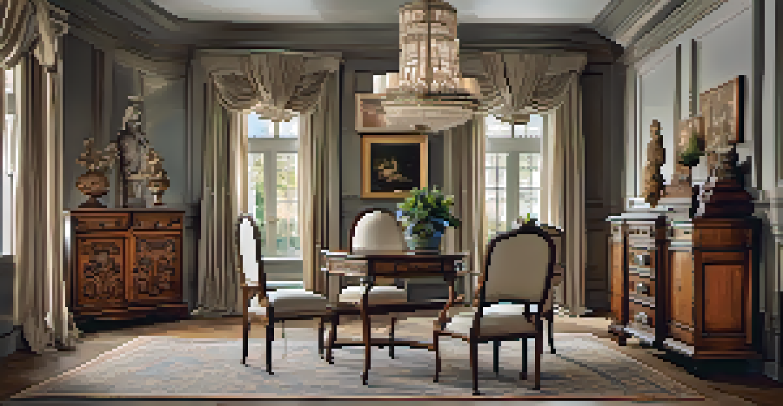 Display of antique furniture pieces with different carving styles, elegantly arranged against a neutral background.