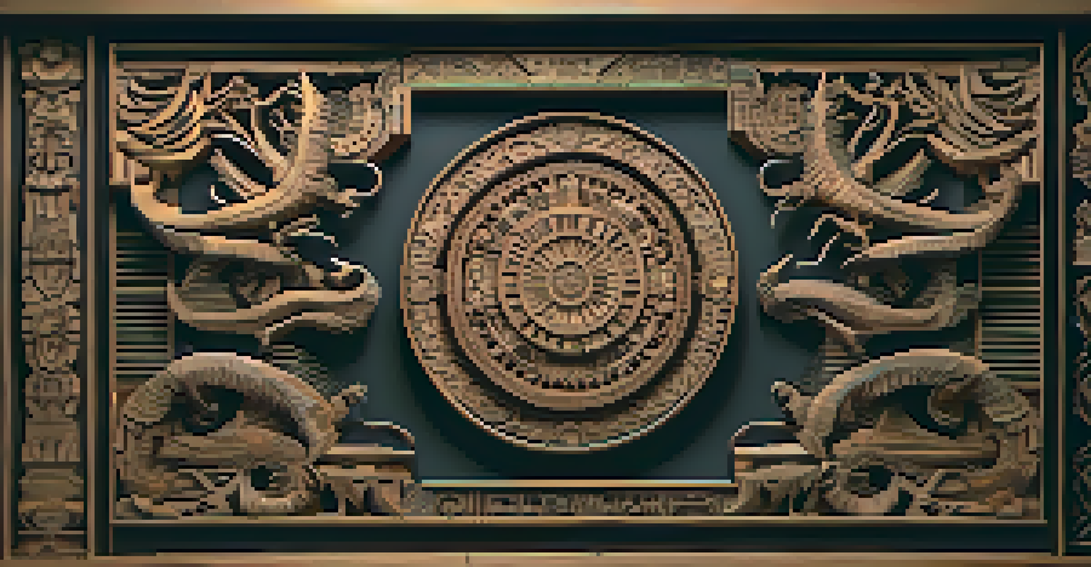 A wooden panel carved with traditional designs, enhanced by colorful digital projections of symbols, set against a dark background.