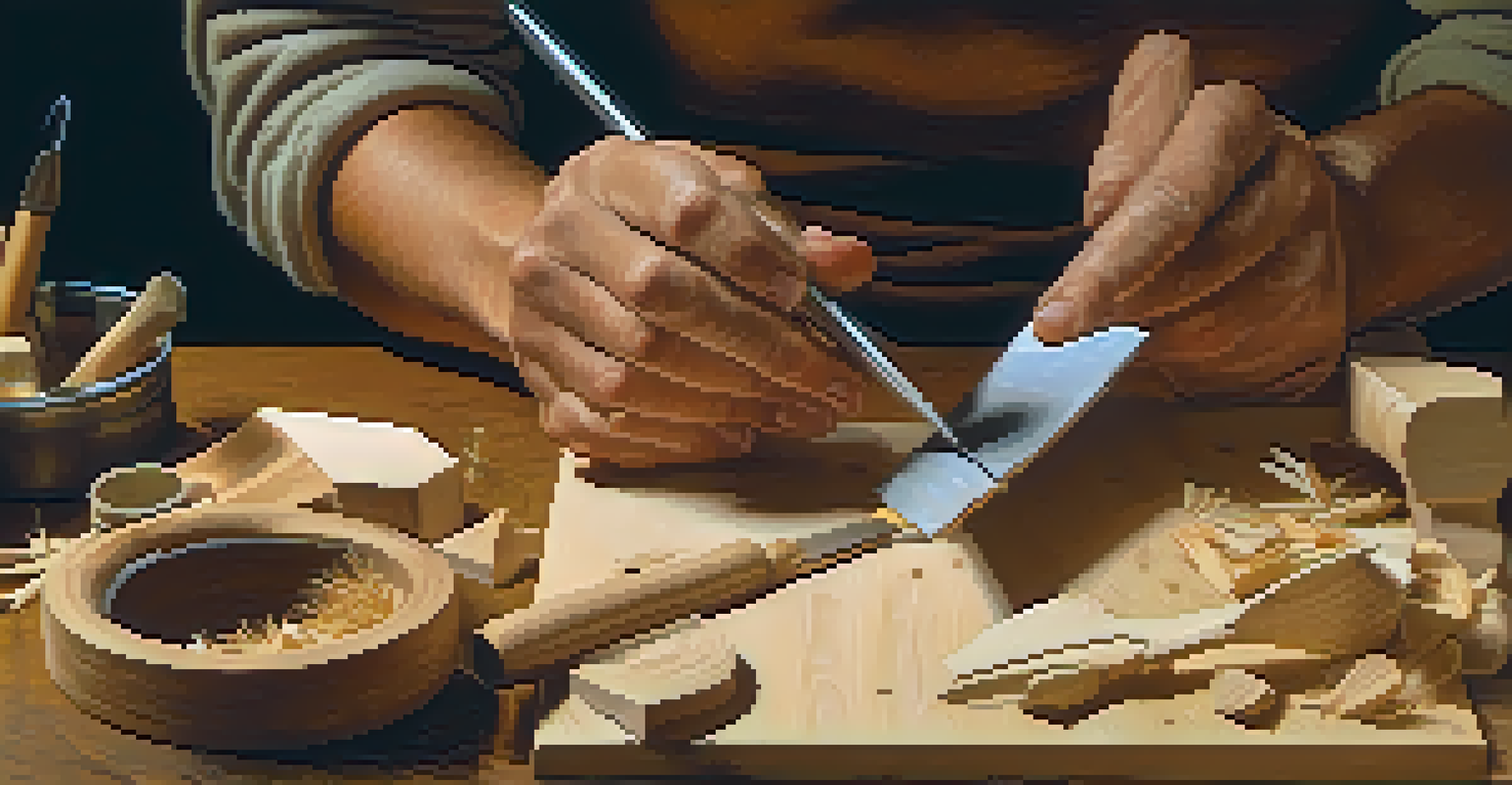 An artist carving basswood with a whittling knife, surrounded by wood shavings in a cozy workshop.