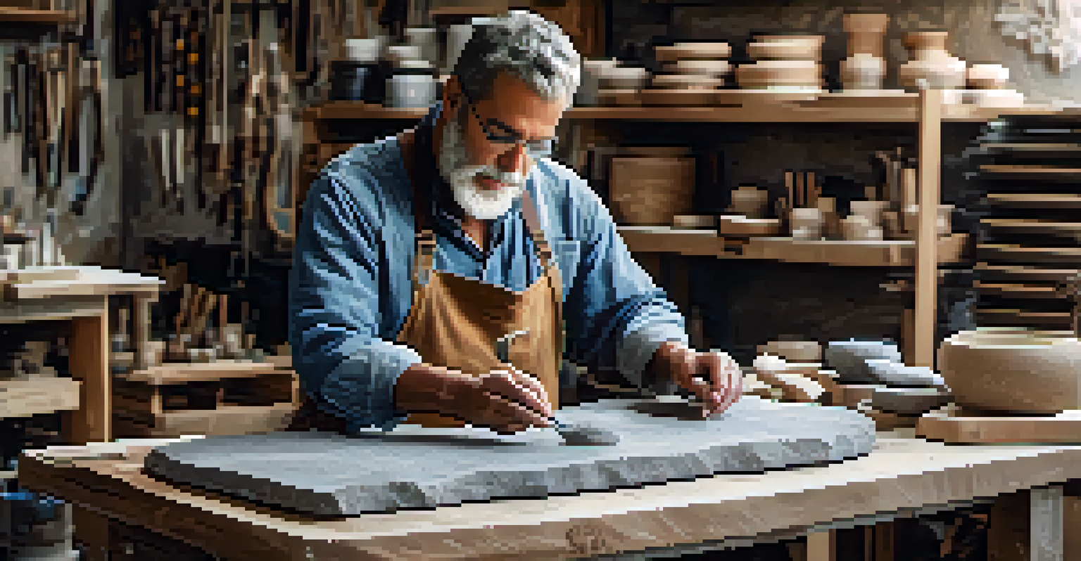 An artisan working on a stone carving in a bright workshop, surrounded by sustainable materials and tools, with a focus on the intricate details of the stone.