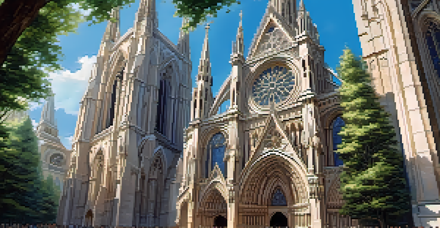 A Gothic cathedral with detailed stone carvings and statues under a blue sky.