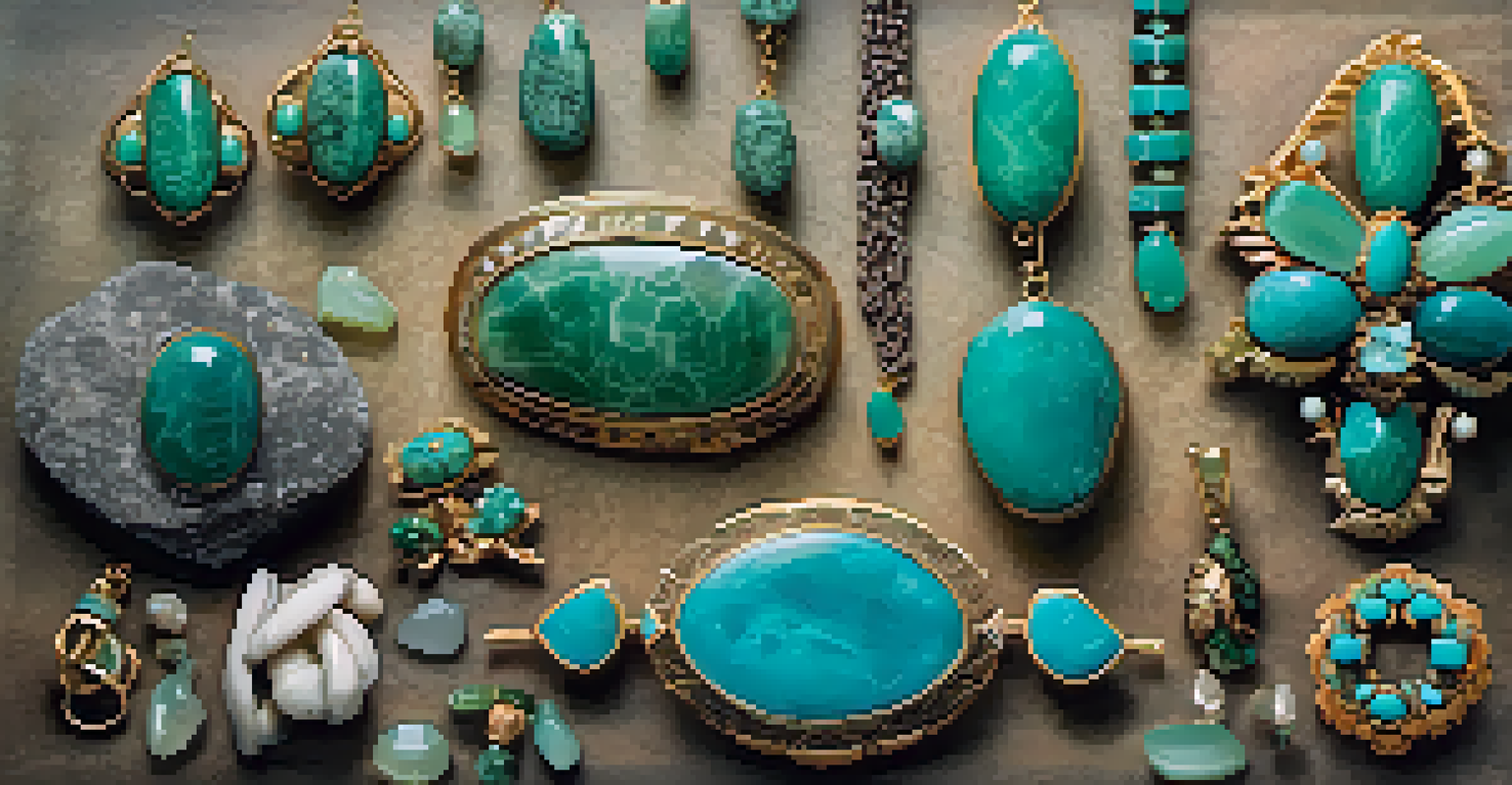 A collection of carved stone jewelry pieces arranged on a stone surface, showcasing their colors and textures.